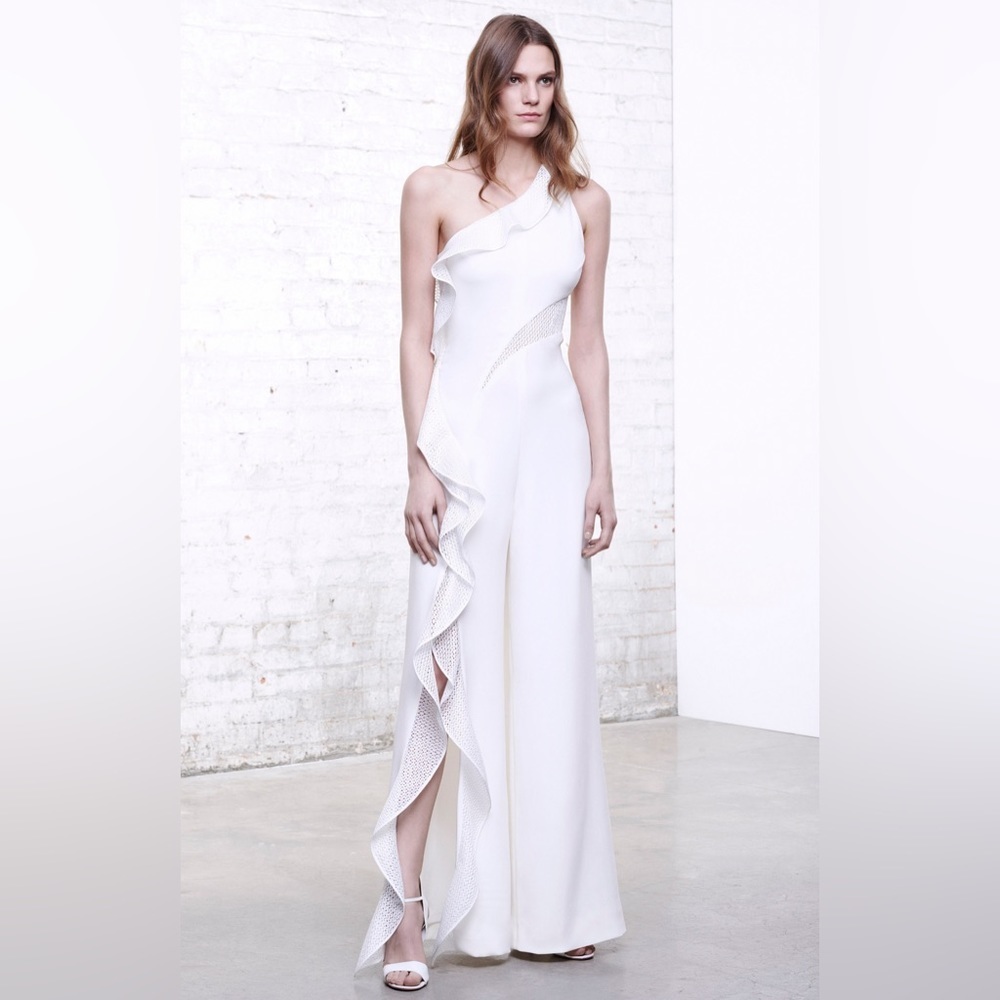 Jonathan Simkhai Diamond Mesh‎ One Shoulder Jumpsuit in White Size 10